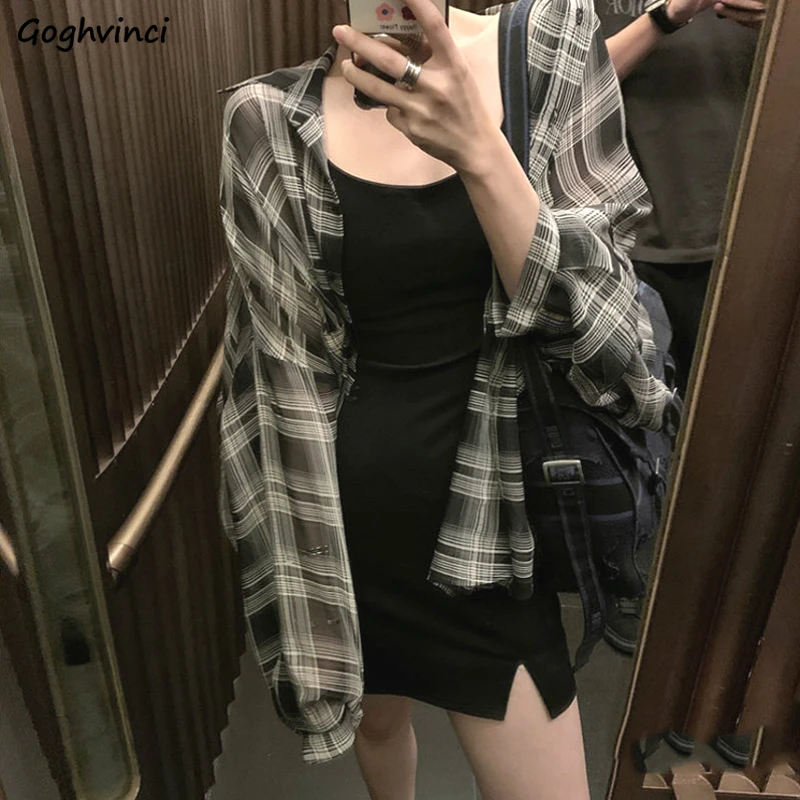 Blouses Women Plaid Chic Thin Daily Outwear Loose Vacation Elegant Simple Shirts Womens Korean Style Summer Ins Sun-proof Trendy