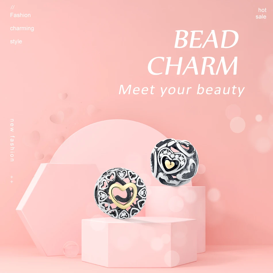 Подходят оригинальный браслет с шармами стерлингового серебра 925 Золотое сердце