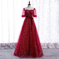 bespoke occasion dresses illusion square collar short backless a line tulle sequined luxury red women formal evening gown hb164