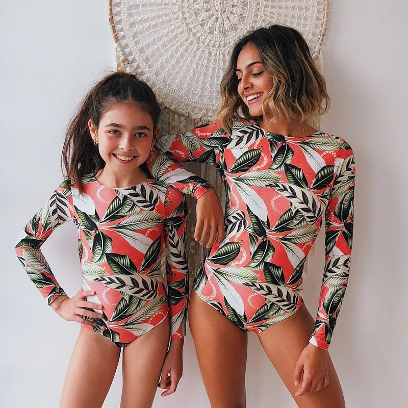 

Bikini 2021 Surfing Swimsuit for Women Long Sleeve One Piece Bodysuit Leaves Print Sexy Bikini Summer Push Up Swimwear