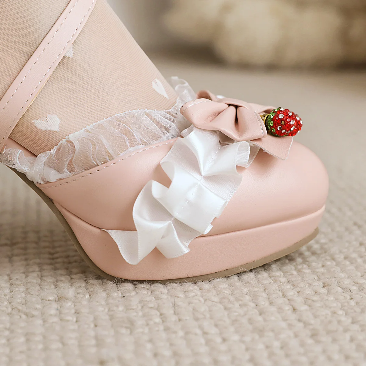 Side Open Women Spike Heels Shoes Round Toe Lolita Girls Dress Party Pumps with String Bead Pearl Sweet Bow Strawberry