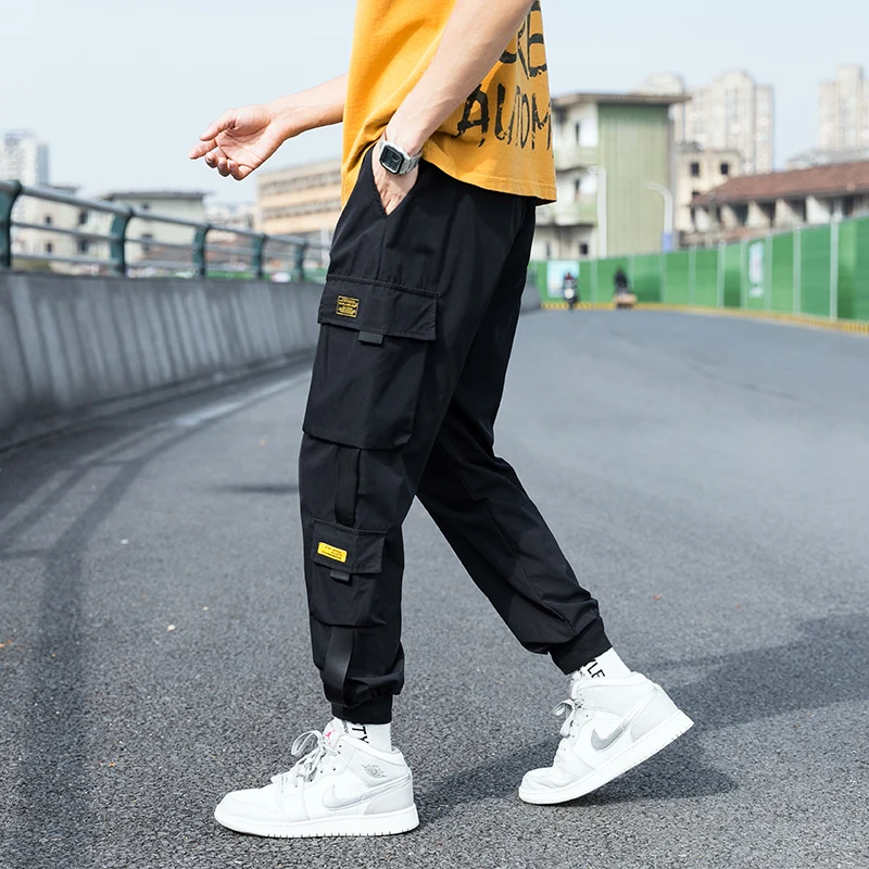 

New Summer Casual Thin Men's Full-Length Pants Cargo Harem Pants 2021 Ribbons Black Hip Hop Male Joggers Pockets Long Trousers