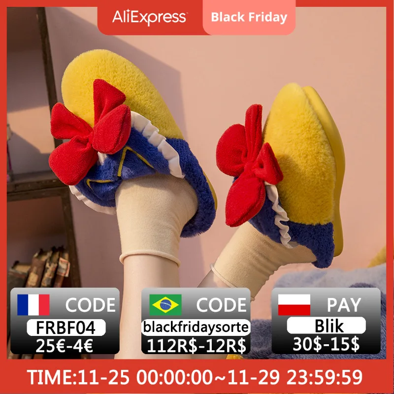 

2021 new big bow Disney Snow White cotton slippers home warm autumn and winter girls over 12years old hairy slippers kids shoes