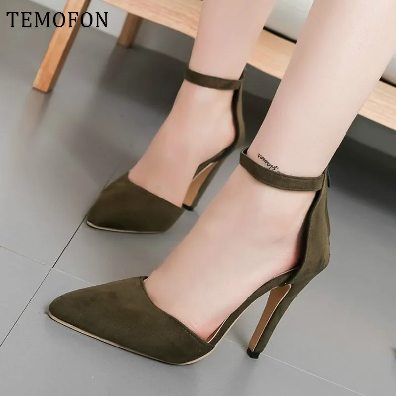 Женские замшевые босоножки TEMOFON черные туфли лодочки на высоком каблуке шпильке