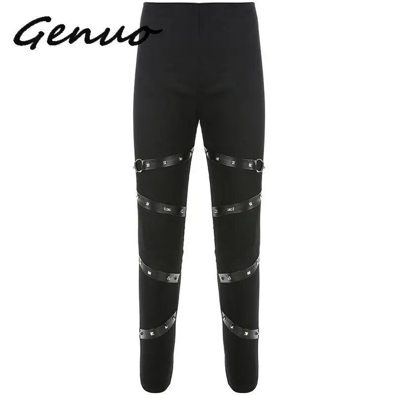 

Genuo New 2019 Black Gothic Leggings Women Ribbon With Rivet Patchwork Leggins Mujer Streetwear High Waist Punk Legging Pants