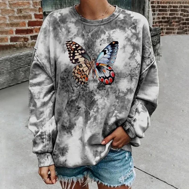 

Women's Tie Dye Hoodie Butterfly Printed Sweatshirts Tops Loose Pullvoer Long Sleeve Mujer Autumn Sport Hoodies