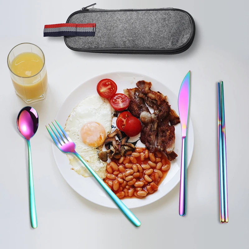 

4/7Pcs Stainless Steel Tableware Forks Spoons Chopstick Dinnerware Sets Portable Bag Mirror Travel Packaging Cutlery Box