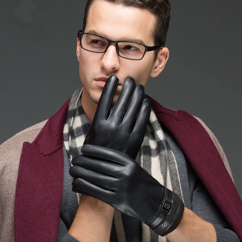Мужские кожаные перчатки зимние Бархатные толстые теплые водонепроницаемые