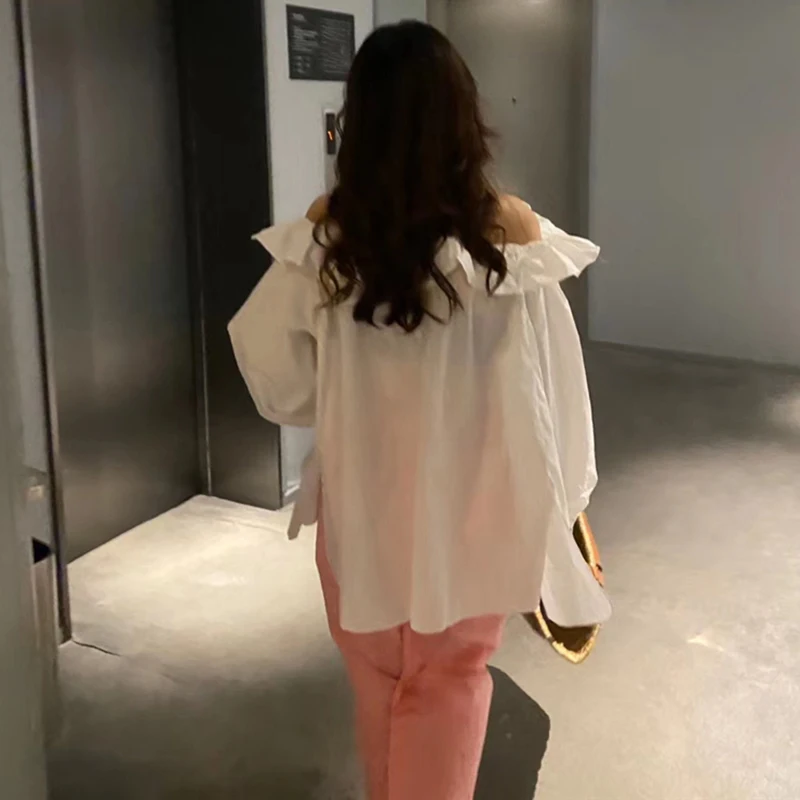 

White Ruffle Shirt For Women Slash Neck Puff Sleeve Casual Loose Korean Blouse Female 2020 Autumn Fashion New Clothing K684