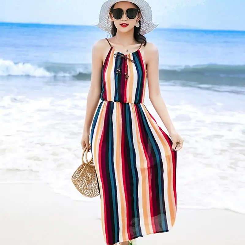 Женское шифоновое пляжное платье в стиле бохо Повседневное с полосатым принтом