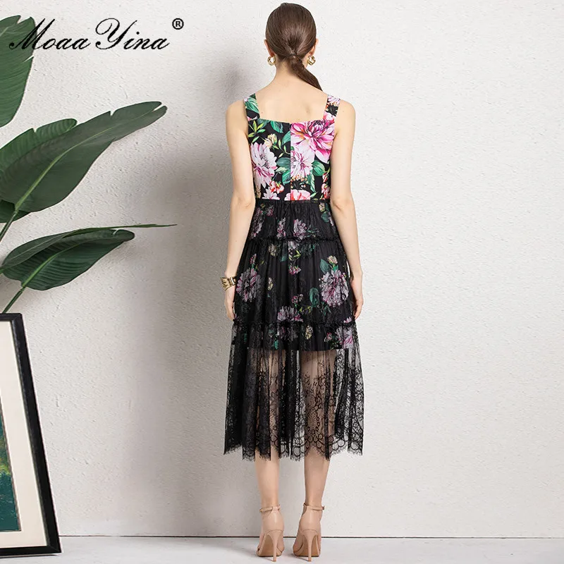 

MoaaYina Fashion Designer Summer Women's Spaghetti Strap Dress High waist Beading Floral print Black Lace Splice Midi Vacation