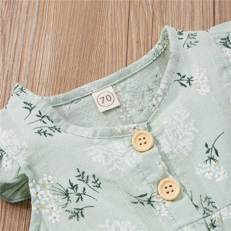 

2pcs 0-24Months Newborn Girls Plant Print Clothes Sets,Children Girls Sweet Fly Sleeve O-Neck Button Romper+Bowknot Headband