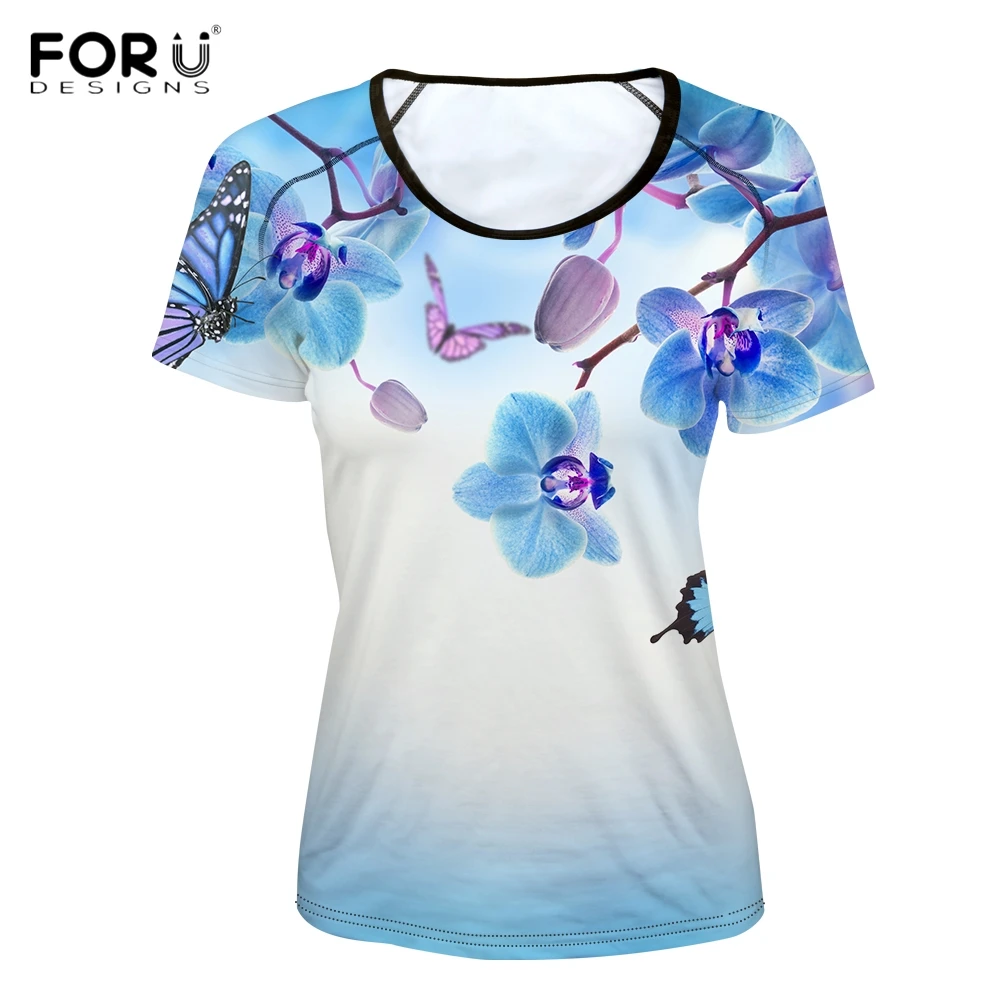 

FORUDESIGNS Harajuku Woman O Neck T Shirts Purple Butterfly Flower Print Girl Fitness T-shirts Casual Short Sleeve Tee Clothing
