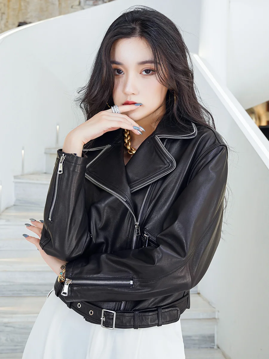 

JCHB 2021 Genuine Leather Jacket Women 100% Sheepskin Coat Female Short Motorcycle Leather Coats Spring Autumn Femme Veste Pph3