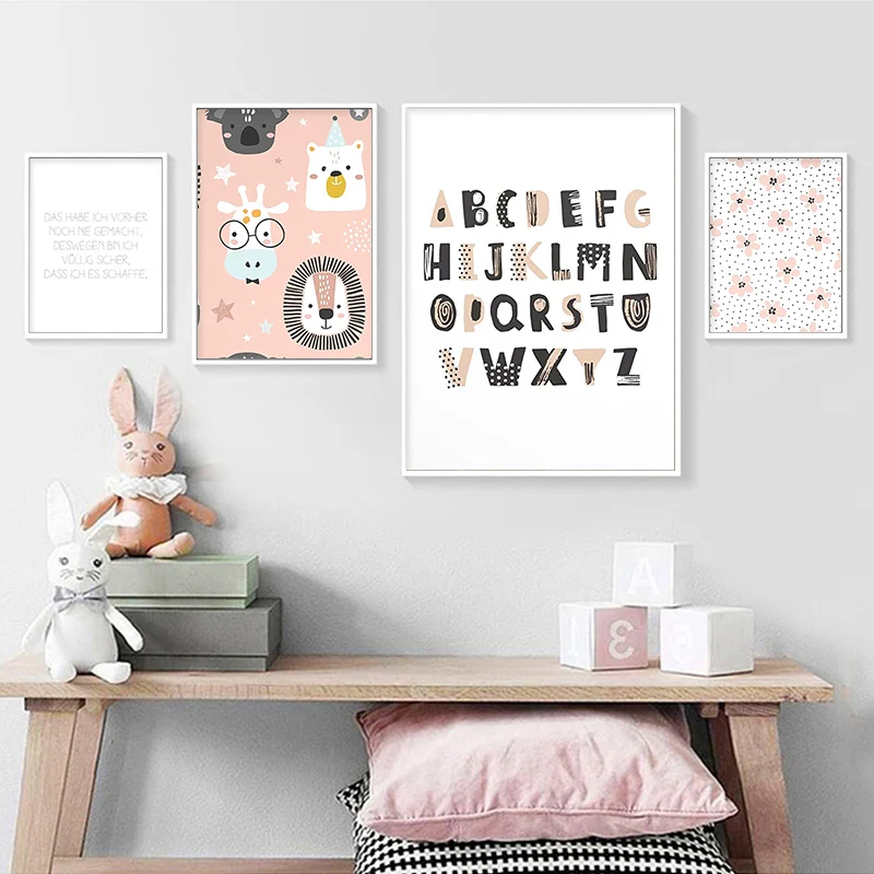 

Nordic Posters and Prints Bear Coala Lion Giraffe Nursery Wall Art ABC Alphabet Canvas Painting Picture for Baby Girl Room Decor