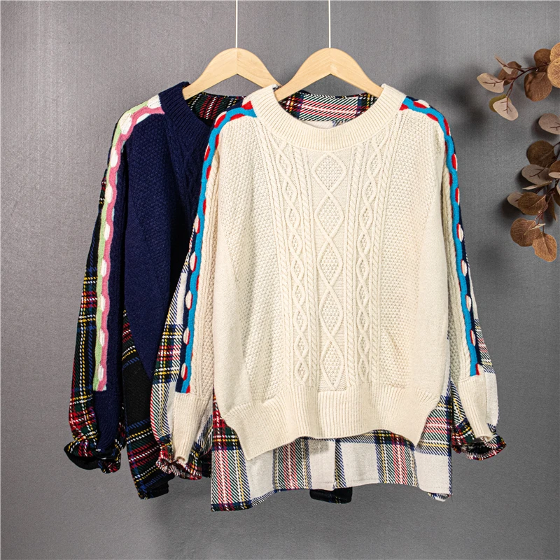 

Women Autumn Winter Sweater Fake Two Piece Checkered Patchwork Oversized Fashionable Vintage Tops