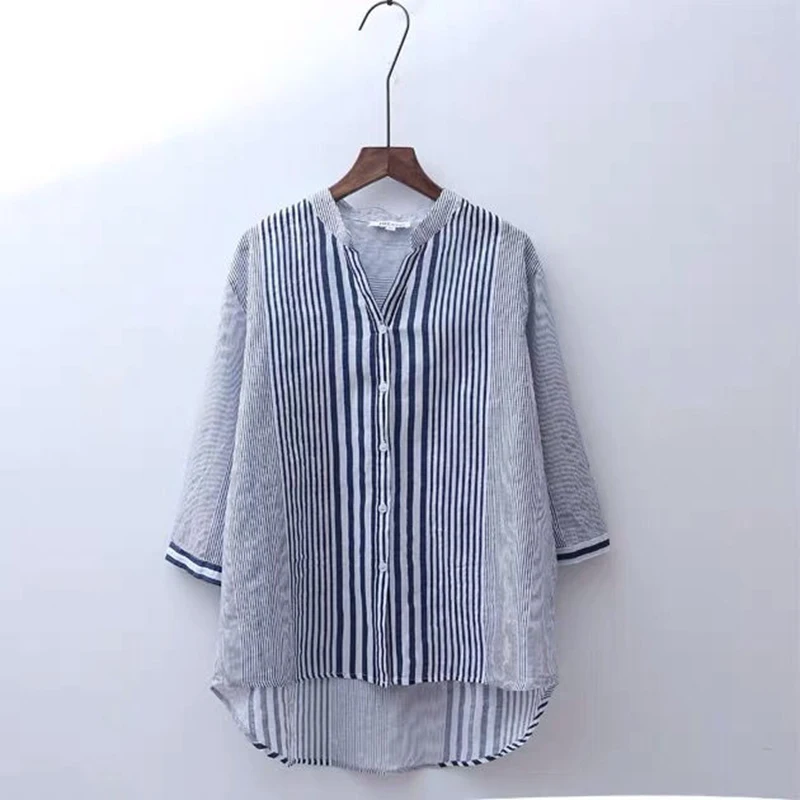 2020 Summer New Arts Style Women 3/4 Sleeve V-neck Casual Blouses Cotton Linen Striped Vintage Shirts Femme Loose Tops M83