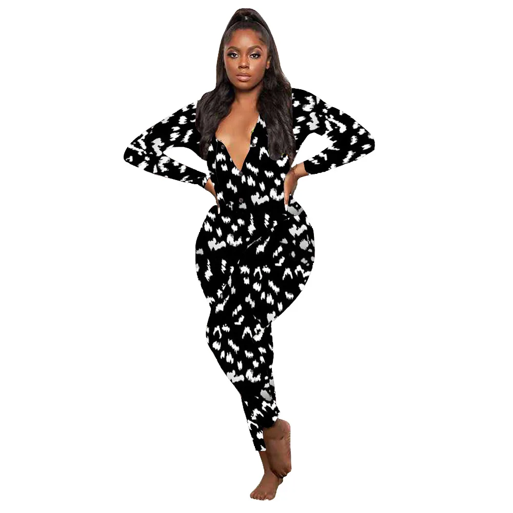

D9464 Fashion Casual Leopard Print Long-sleeved Sexy Trousers Home Jumpsuit Onsies Pajamas For Woman Sleepwear Overalls Clothes