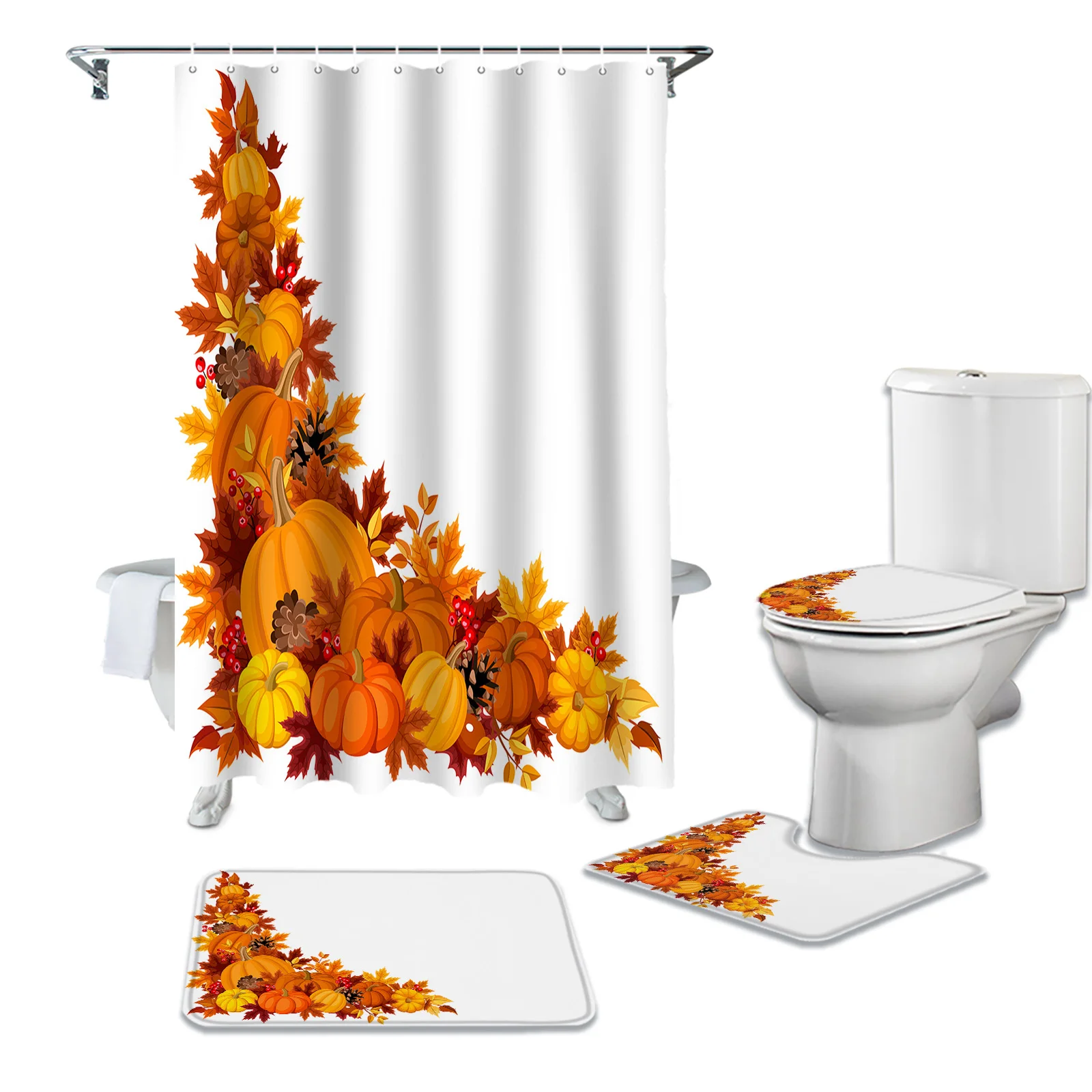 

Autumn Thanksgiving Pumpkin Maple Leaves Shower Curtain Sets Non-Slip Rugs Toilet Lid Cover Set Waterproof Bathroom Curtains