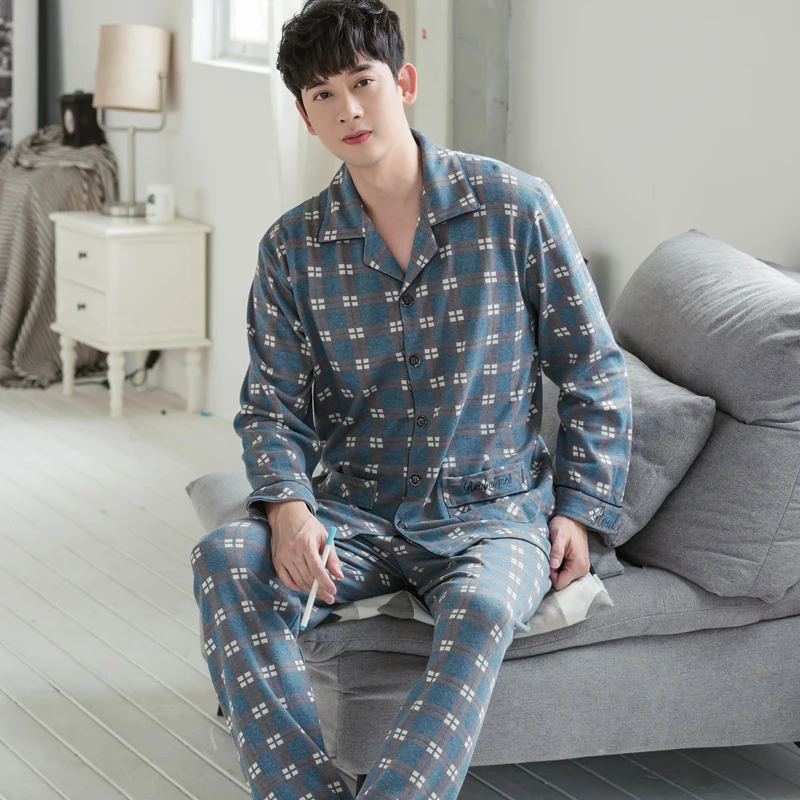 New Spring 100%Cotton Men Pajamas Set Striped Pijamas Long Tops+Long Pants Two Pieces Set Men's Pyjamas Plus Size Male Nightwear