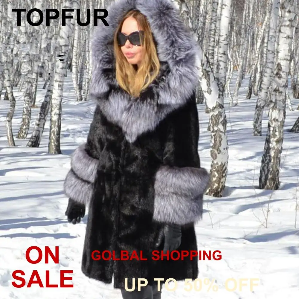Женское пальто средней длины из натурального меха норки зимнее с капюшоном и