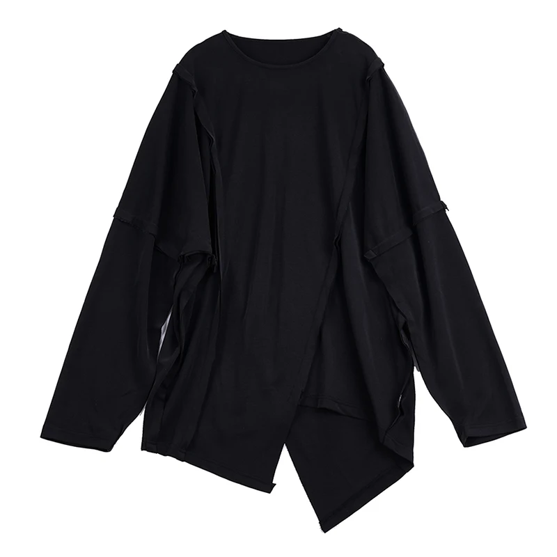 

[EAM] Women Black Irregular Split Joint Big Size T-shirt New Round Neck Long Sleeve Fashion Tide Spring Autumn 2021 1DB039