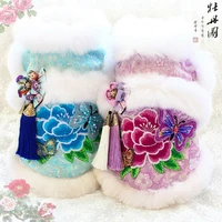 free shipping winter handmade dog coat pet clothes butterfly flowers rose peony brocade rabbit fur cat poodle chihuahua maltese