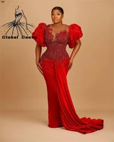 african red velvet mermaid evening dress ruffles beaded appliques dresses for women o neck party gown vestidos de fiesta de noch