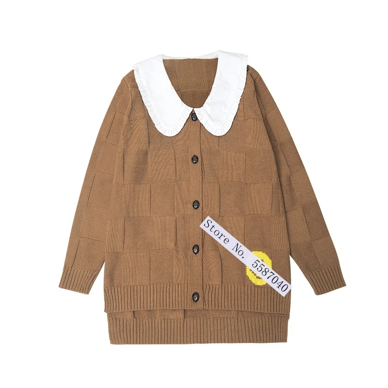 

2021 Fall Winter New Women Sweater Loose Knit Cardigan Big Doll Collar Fake Two Long Sleeve Single Breasted Sweater Jacket