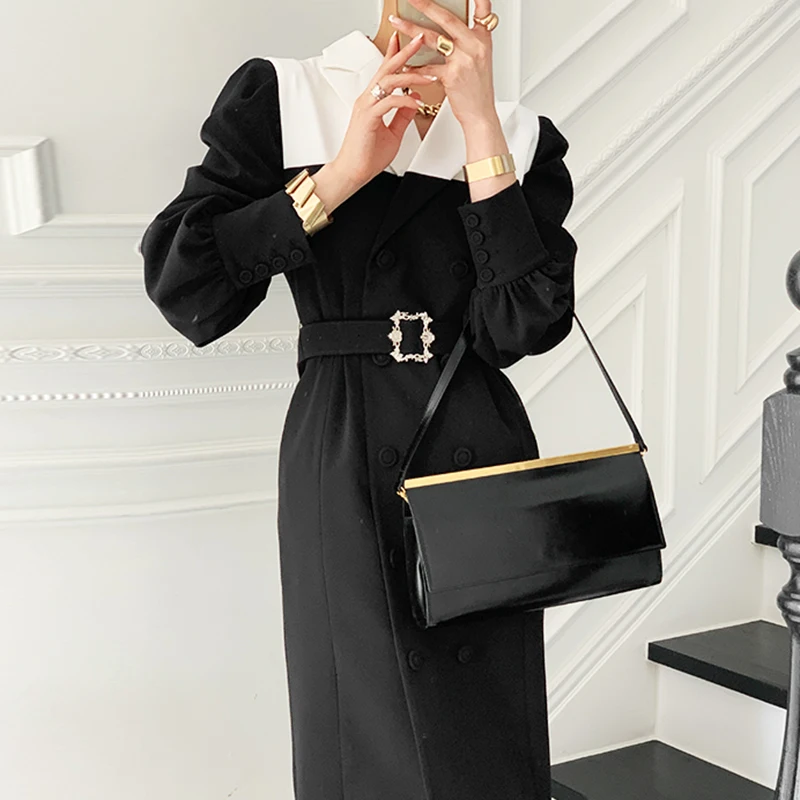 

Женское двубортное платье средней длины, черное или белое платье с воротником-стойкой и поясом, модель DK1173 в Корейском стиле на осень