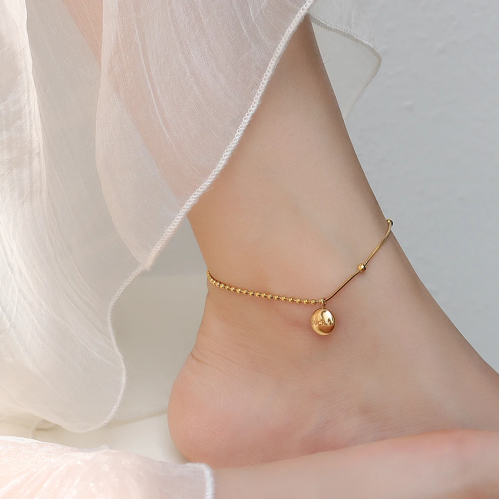

Rice Bead Round Snake Chain Foot Chain Good Lucky Small Golden Bean Anklet Chain Titanium Steel Plated with 18K Gold