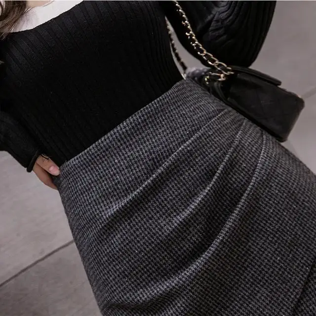

Woolen Grid Children's Autumn and Winter New High-waist Fashion A-line Irregular Pleated Hip Skirt
