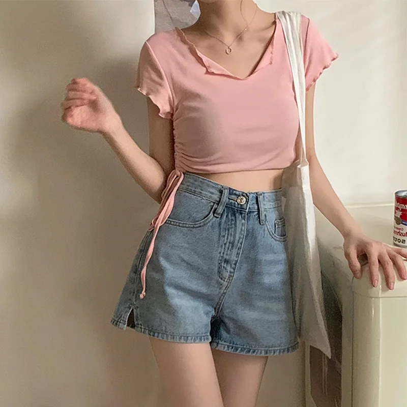 

Женские джинсовые шорты с завышенной талией, новинка 2021, свободные брюки с широкими штанинами, джинсовые шорты, женские повседневные свобод...