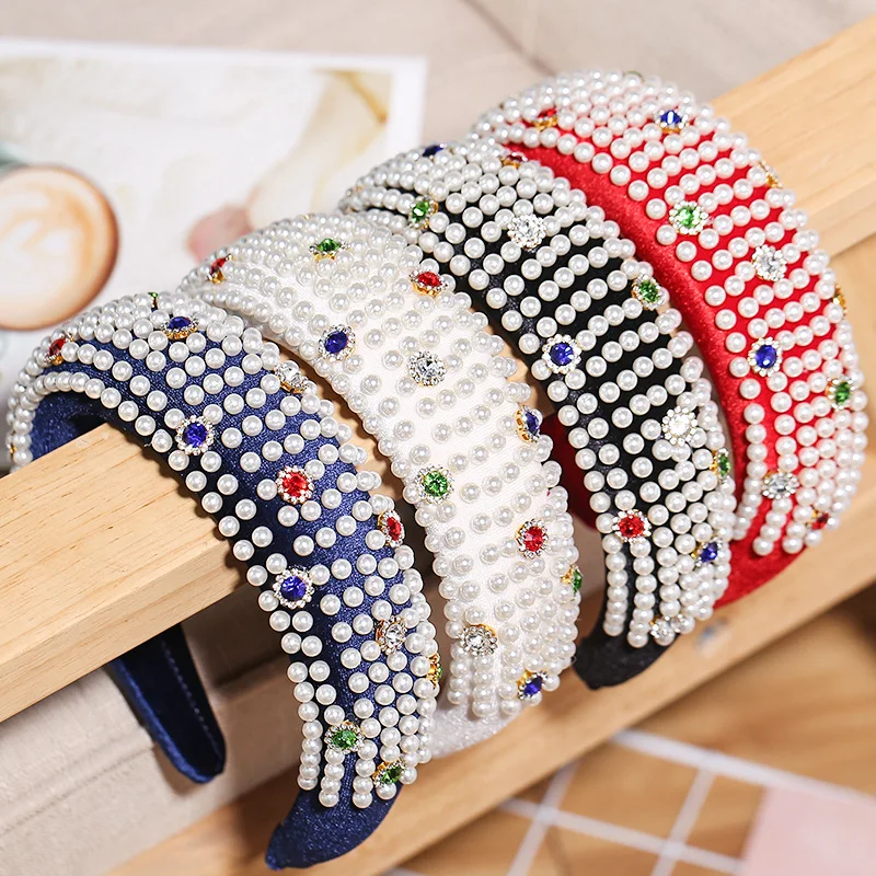 

Новая утолщенная цветная повязка на голову с жемчугом, губка с инкрустированными цветными кристаллами, широкая цветная повязка на голову, креативный головной убор