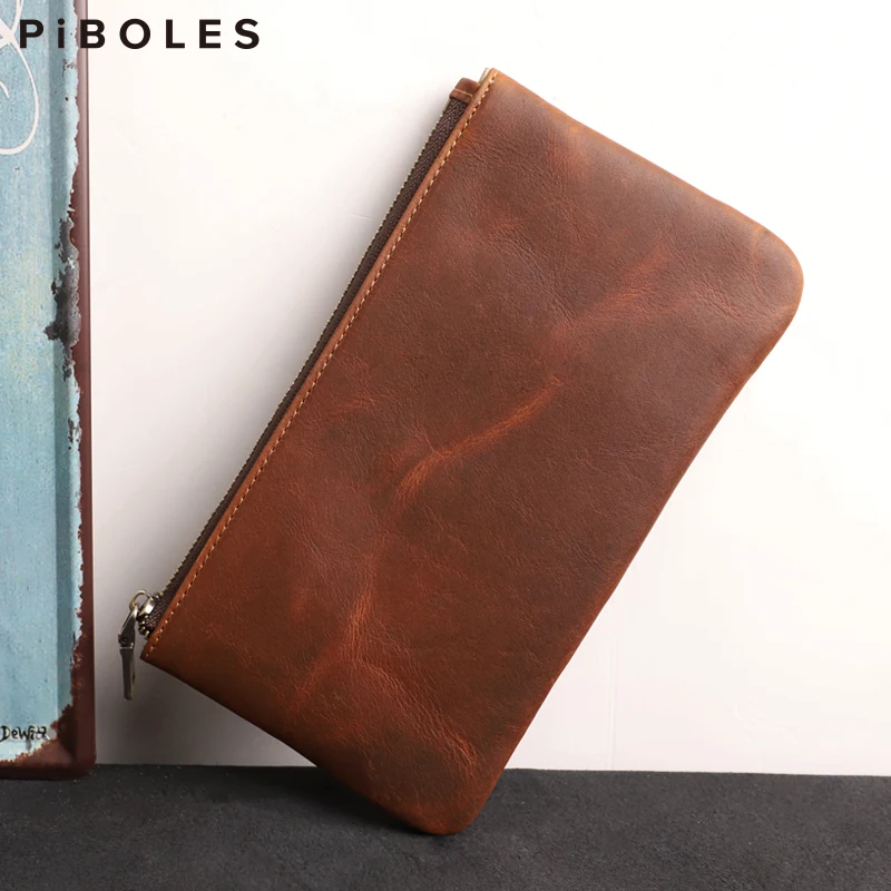 

Handmade Crazy Horse Leather Zipper Coin Purse Retro Wallet Unisex Clutch Wallets Phone Pouch Genuine Leather Portable Handbag
