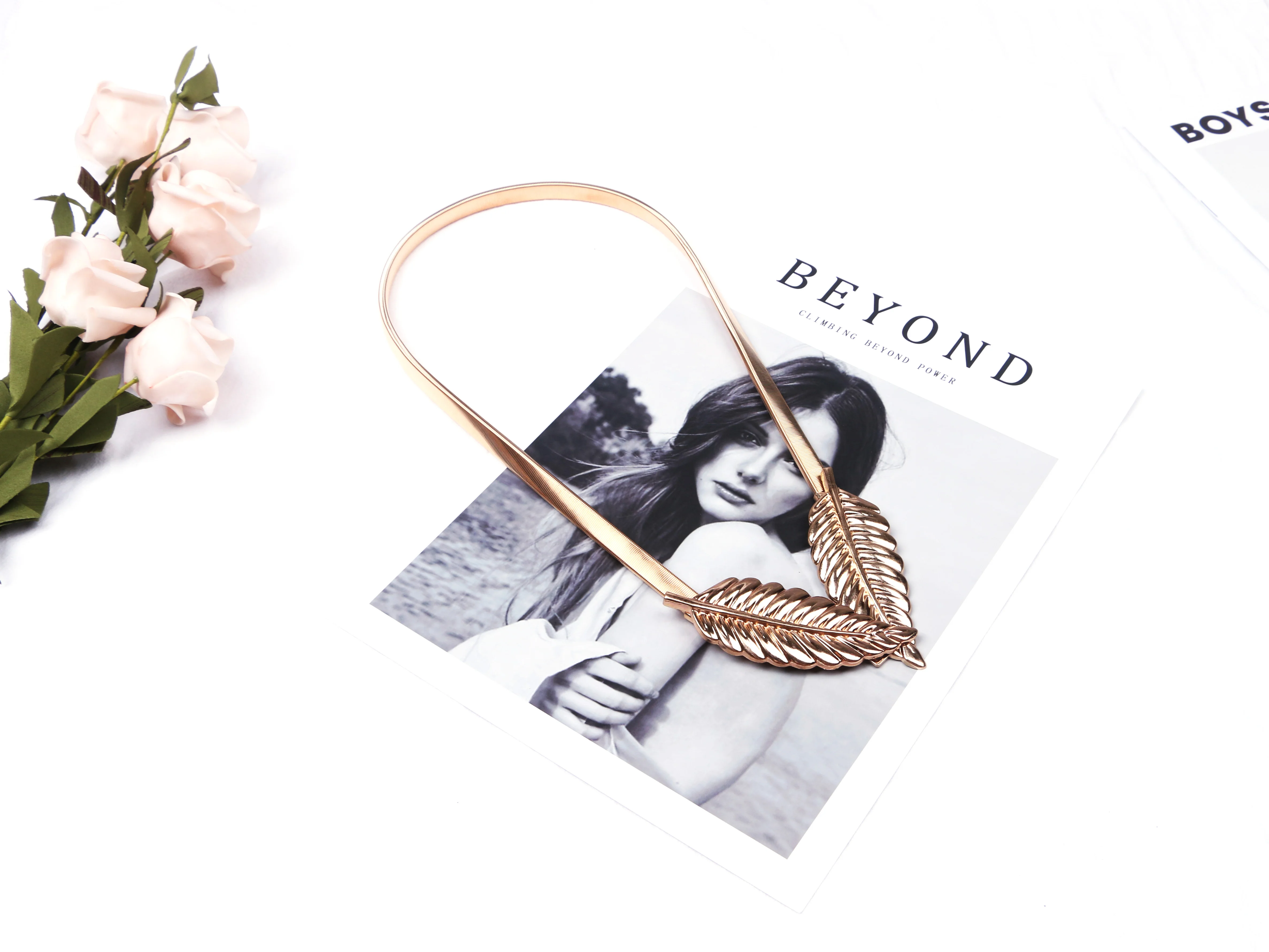 

Leaf Shape Gold buckle Elastic Stretcch metal thin belt waistband for Female ladids women wedding dress decorative Accessories