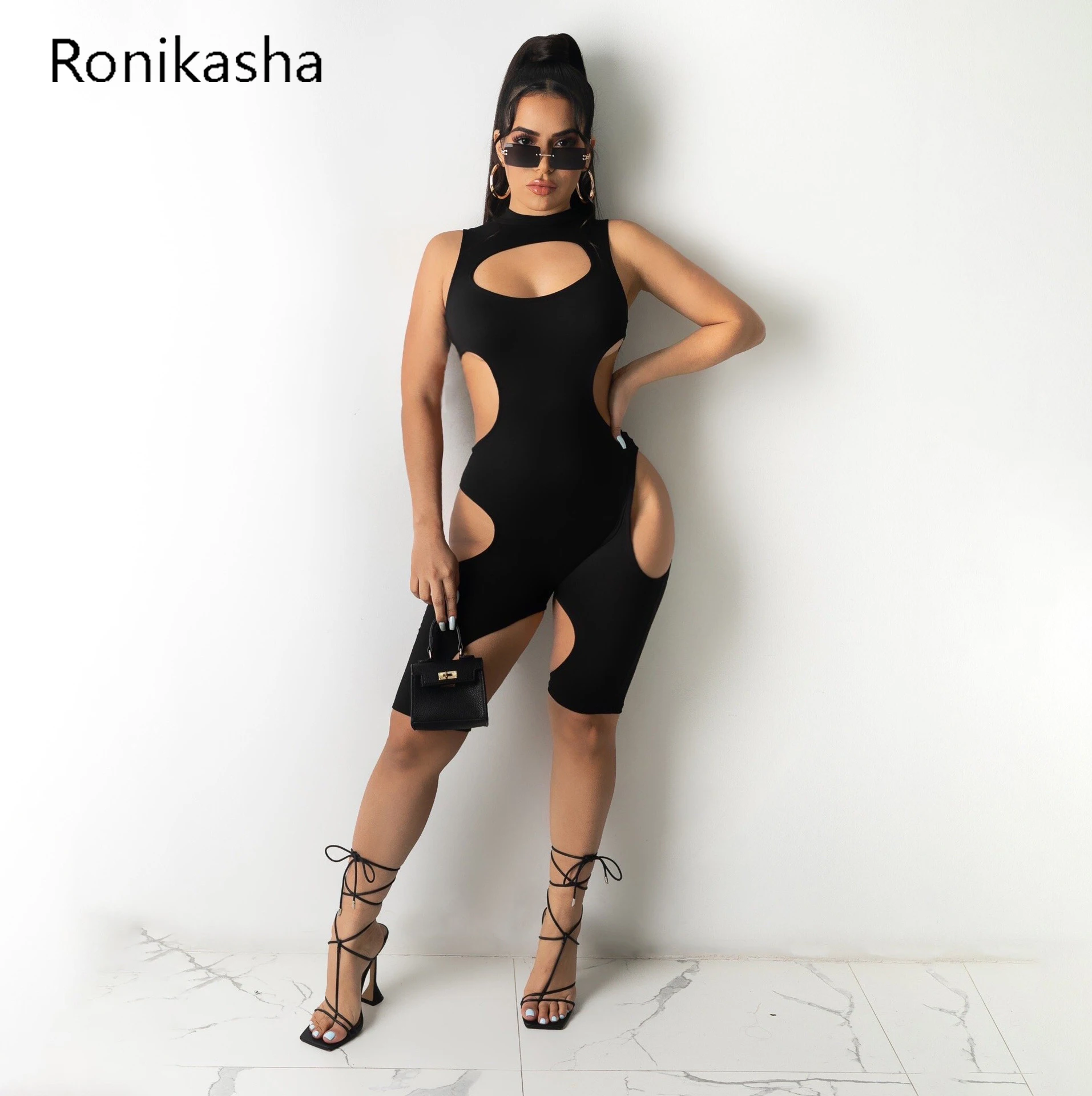 

Ronikasha Women Jumpsuit Shorts Sexy Hollow Bodycon Playsuit High Collar Sleeveless Summer Clothes One Piece Rompers