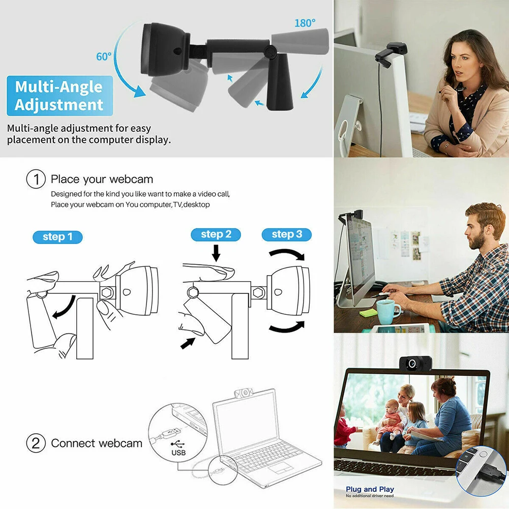 

Full HD 1080P Webcam Dual Built-in Mic USB PC Web Camera with Privacy W8 Cover for Household Computer Accessories