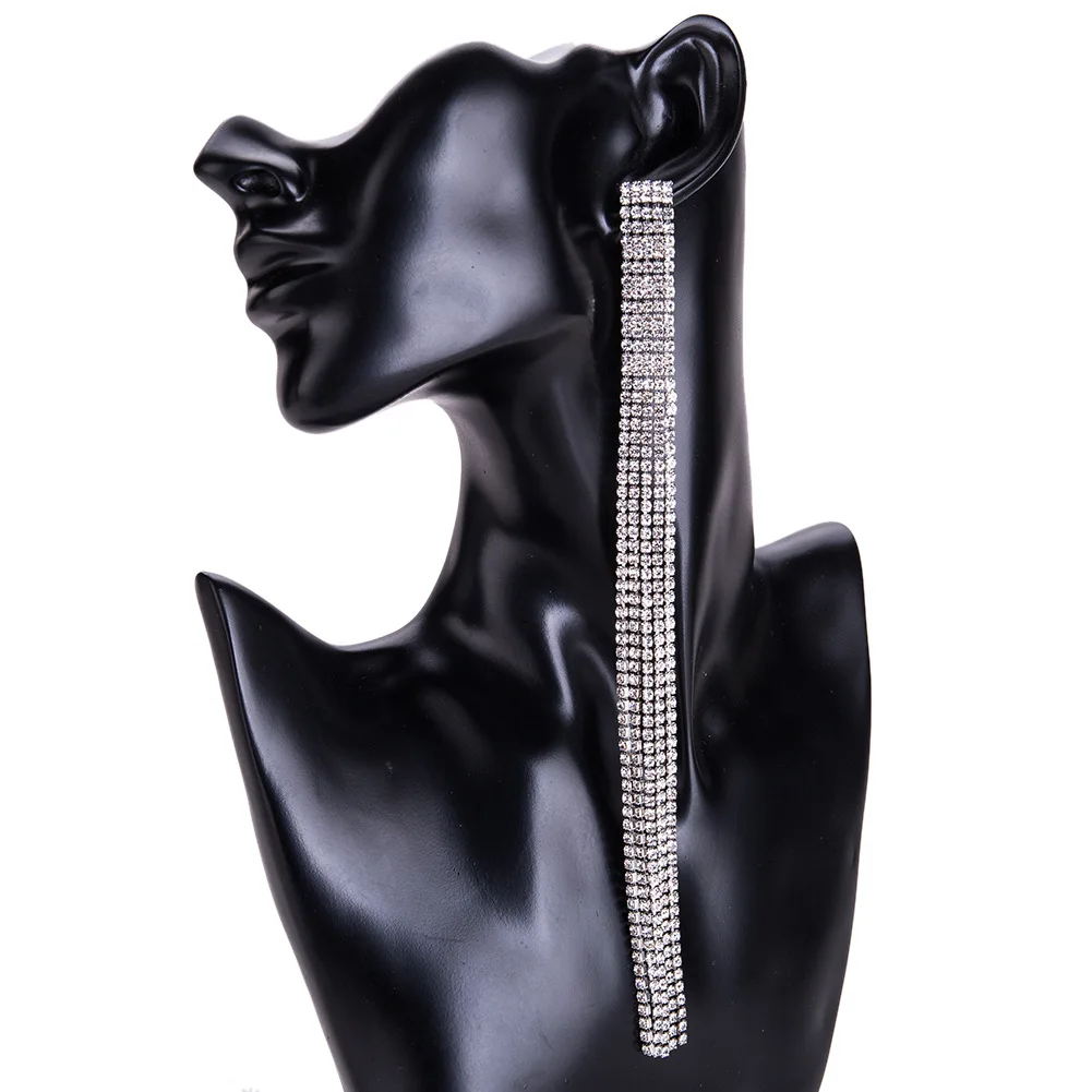 

Classic Super Long Tassels Pendants Earrings Woman Full Rhinestone Golden Gun Black Shining Symmetric Europe and America Gift
