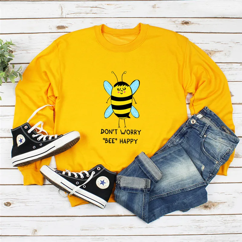 

2021 Autumn Lovely Bee Print Pink Women Hoodie Long Sleeve Pullover Sweatshirt O-NECK Women Clothes Harajuku Hoodies Casual Tops