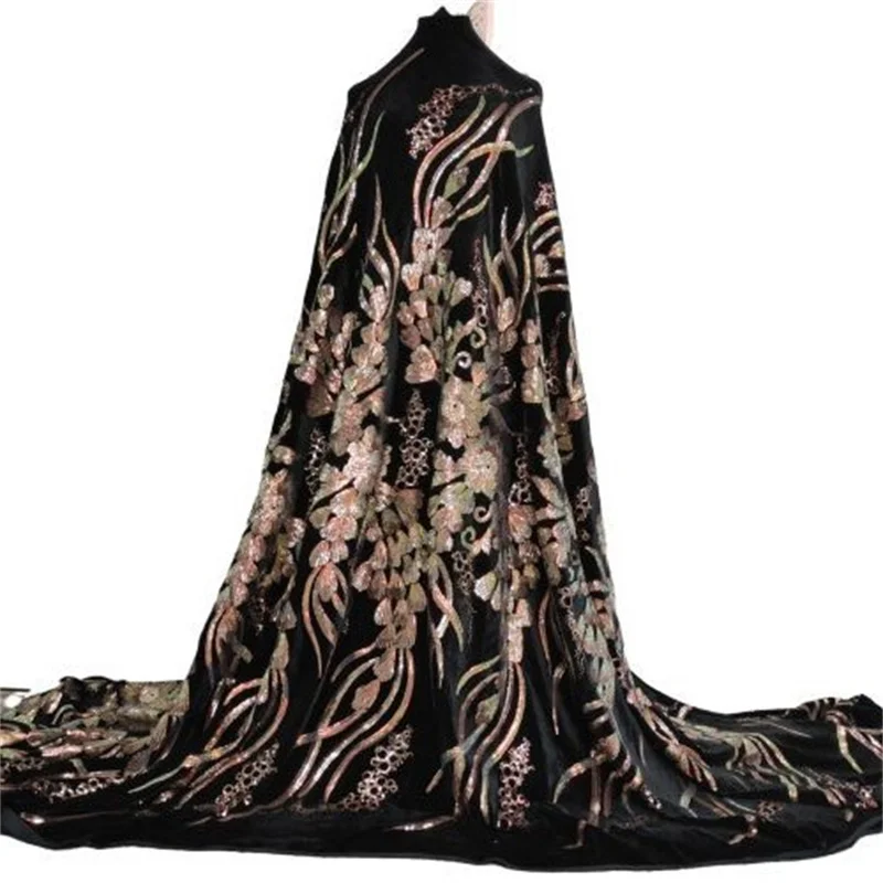 

Black/Gold Nigerian Mesh Velvet Lace Fabric African Sequins Lace Fabric High Quality French Mesh Velvet Lace Fabric with Sequins