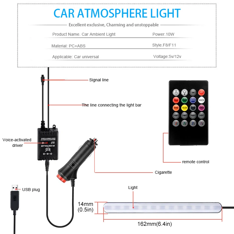 Car LED Atmosphere Light Foot RGB Music Voice Control APP USB Cigarette Lighter Remote Interior Decorative Lamp | Автомобили и