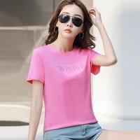 women t shirt summer 2022 loose korean pink letter embroidery short sleeve o neck tops tee shirts femme cotton casual top
