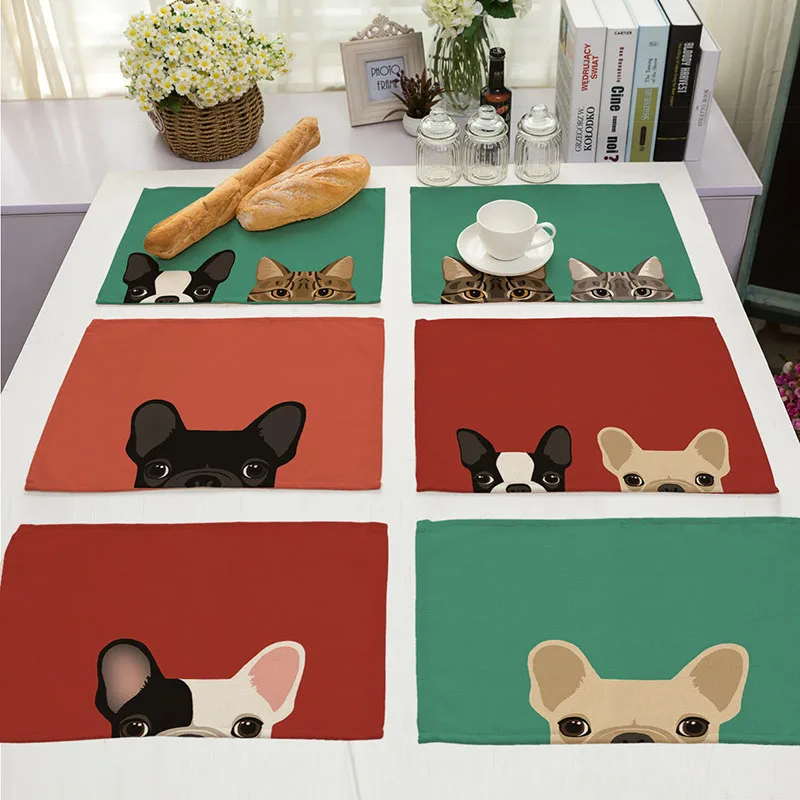 

Placemat Vintage Cute Dogs And Cats Print Dish Glass Bar Mat Drink Coaster Cup Placemat Home Textile Kitchen Table Decor 42*32cm