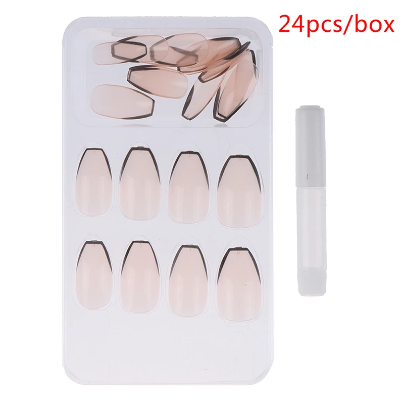 24PCS/SET Black Border Wear Long False Nail Full Cover Wearable Coffin Fake For Art | Красота и здоровье