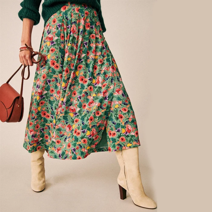 

Chic Floral Printed Midi Skirts Womens 2021 Summer Elegant High Waist Pleated Chiffon Skirt Female