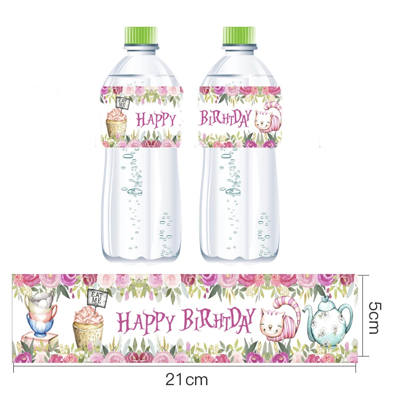 Omilut 12pcs Alice Birthday Party Sticker in Wonderland Mnana Mineral Water Bottle Label Cartoon Rabbit/Cat/Teapot S |