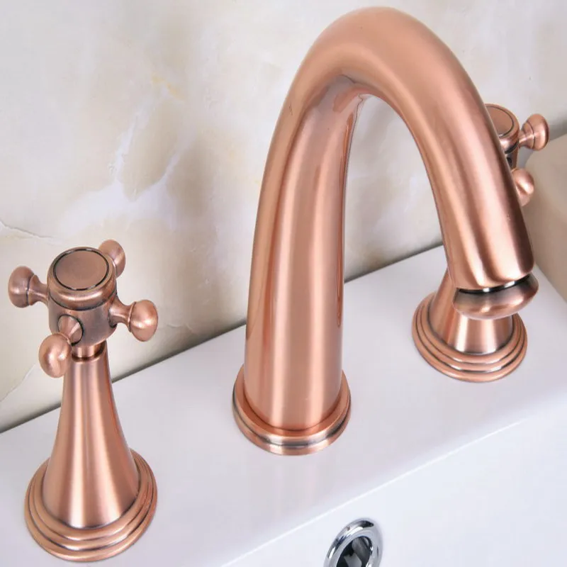 

Antique Red Copper Brass Deck Mounted Dual Handles Widespread Bathroom 3 Holes Basin Faucet Mixer Water Taps mrg068