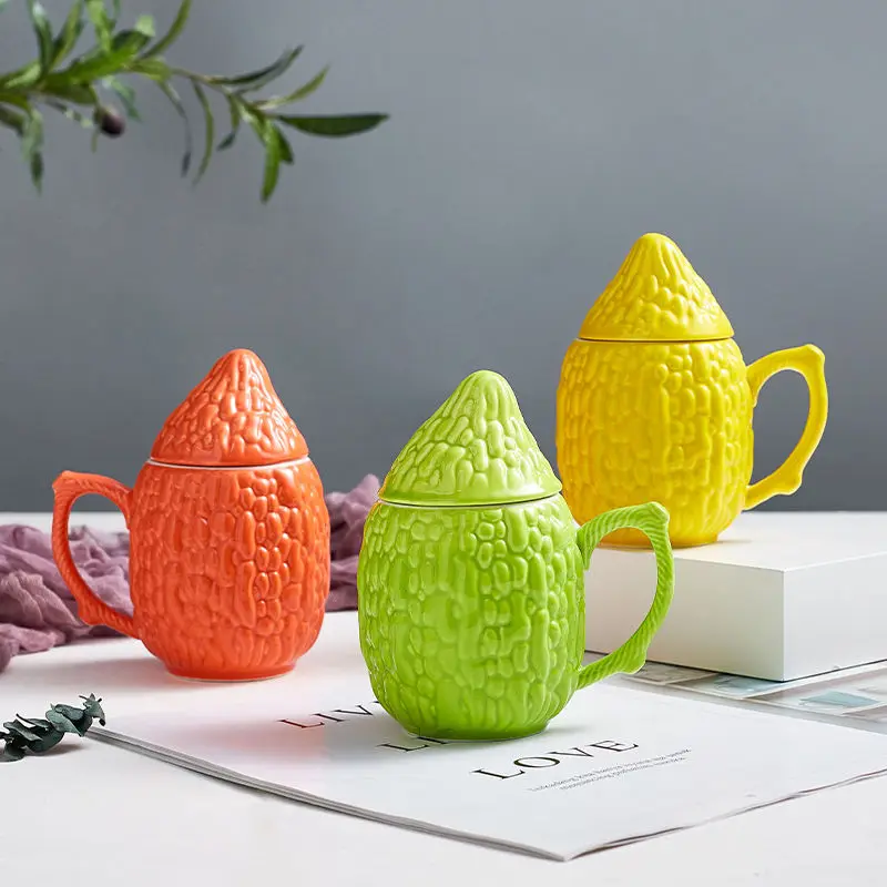 

Creative ceramic mug Corn Bitter Gourd Shape office coffee tea cup couple cup with lid home drinking utensils Holiday gift