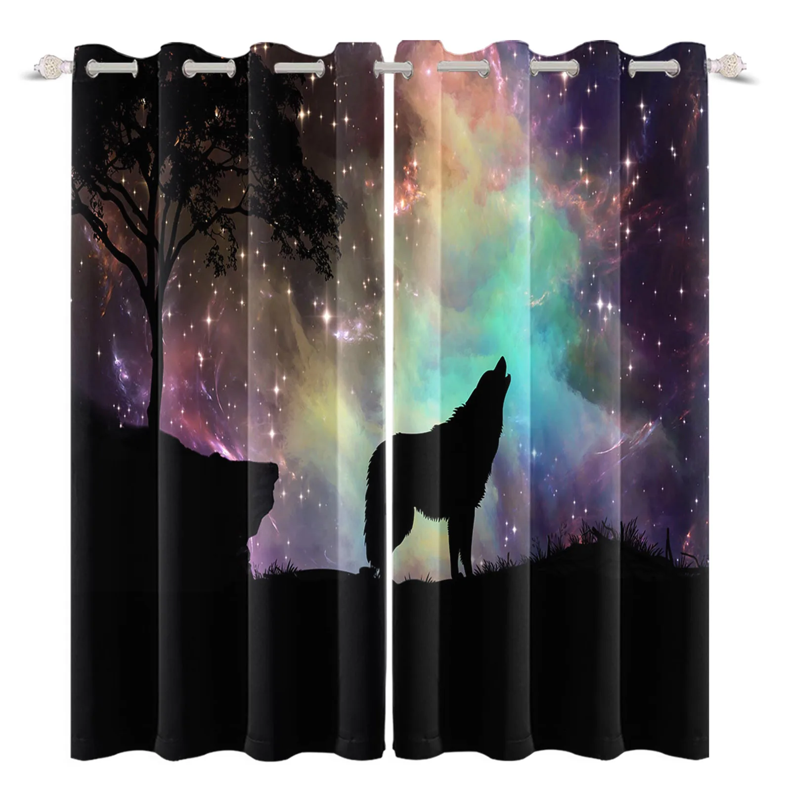

3D Printing Howling Wolf Under The Night Sky Pattern Curtains Home Decor For Brave Boy Bedroom Perforated Blackout Drapes